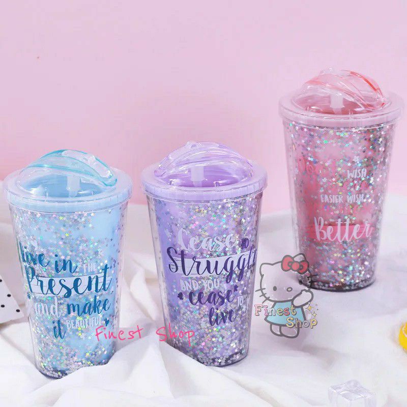 Tumbler Unicorn Gelas GLITTER Tempat Minum SANRIO Cinnamoroll Kuromi Melody Kitty Sedotan Bubble Rainbow Sparkle Blink Kristal Unik Double Wall Cup Glass Kado Hadiah Botol Minum Hologram Design Gelas Lampu Unik Light Glass Bottle Straw Cup