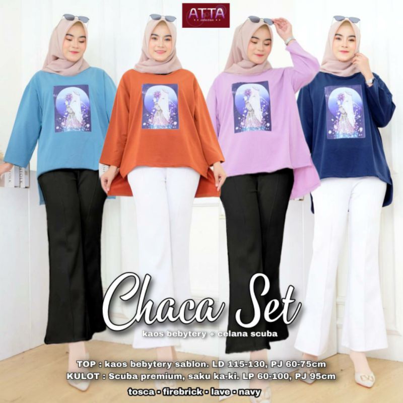 SETCEL WANITA JUMBO CHACHA SET ATASAN BABYTERRY CELANA SCUBA LD 115-130