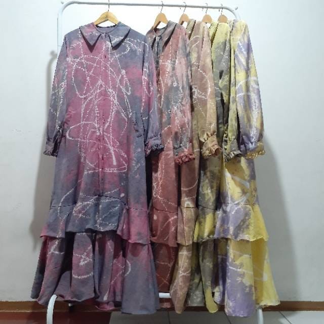 Gamis Jumputan Widya Katun Mikro Model Tiedye Model Rumbai Ld 110 Pb 140