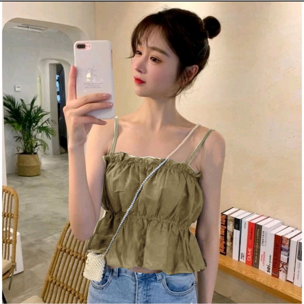 Tanktop Tali Kecil Kerut Tengah Polos Bahan Adem  / Tanktop Korea 877