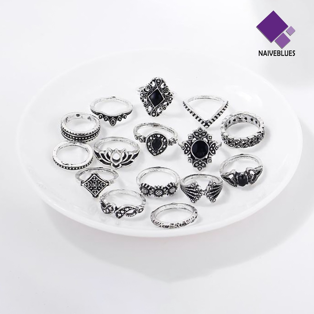 15pcs / Set Cincin Jari Stacking Permata Imitasi Model Bunga Matahari Teratai Hollow Untuk Wanita