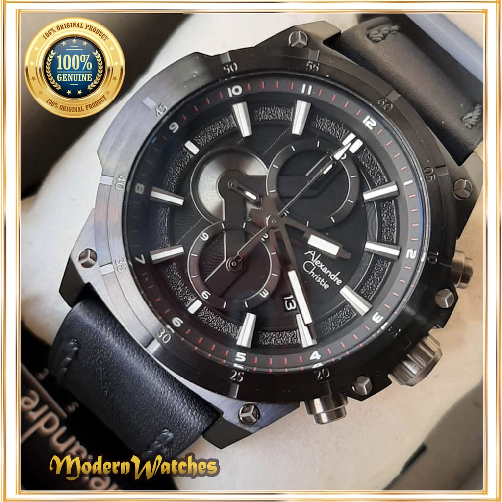 Jam Tangan Ori Pria Alexandre Christie AC 6587 Full Black Tali Kulit Hitam Terbaru Sporty Alexander