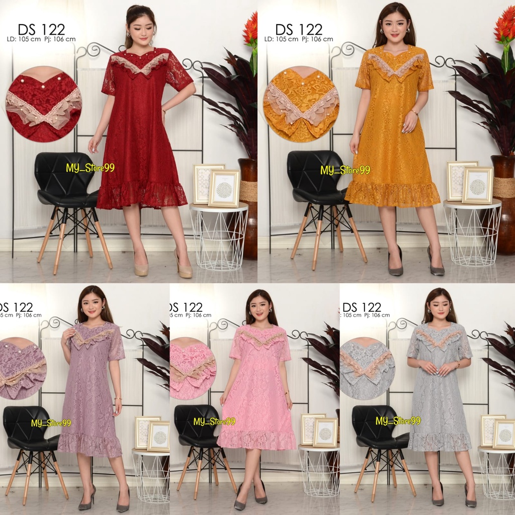 Dress Pesta Brokat Wanita Modern Terbaru DS122/Dress Wisuda Lengan Pendek Kekinian Korean Style