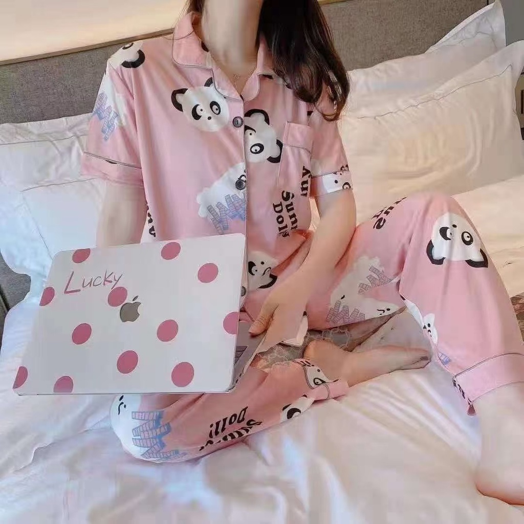 Baju Tidur Wanita Piyama Model Kemeja Lengan pendek Celana Panjang Pijamas BT04