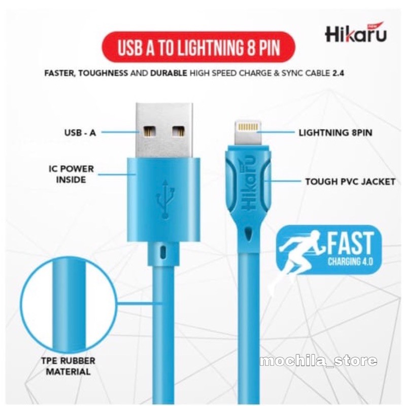 Kabel Data Fast Charging Iphone - Lightning 8 Pin - Dura Fast 2.4A - 1 Meter - Fast Charger - Hikaru