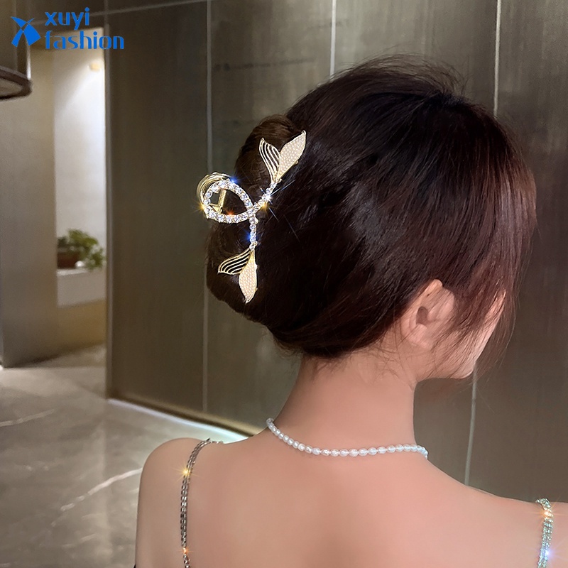 Jepit Rambut Bentuk Ekor Ikan Aksen Kristal Mutiara Warna Gold Silver Untuk Wanita