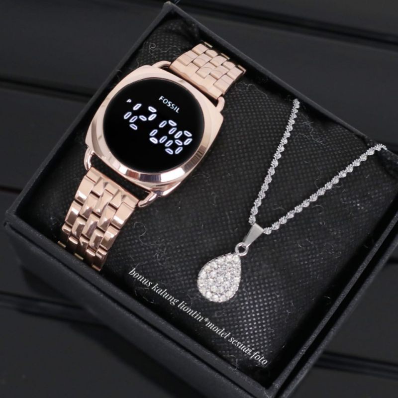 Jam Tangan Wanita Fss Led Watch Rantai Steel Free Kalung