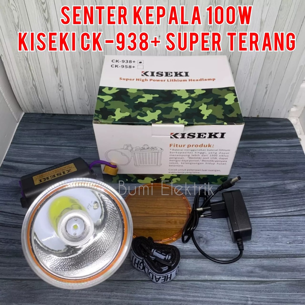 Senter Kepala LED Super Terang Kiseki CK-938+ / Lampu Senter Kepala 100 Watt / Headlamp LED Senter Kiseki Ada Korek Api dan Lensa Kuning BISA COD