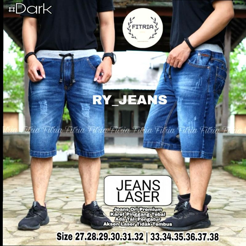 CELANA PRIA JEANS PENDEK SOBEK PRIA PINGGANG KARET KOLOR RIP