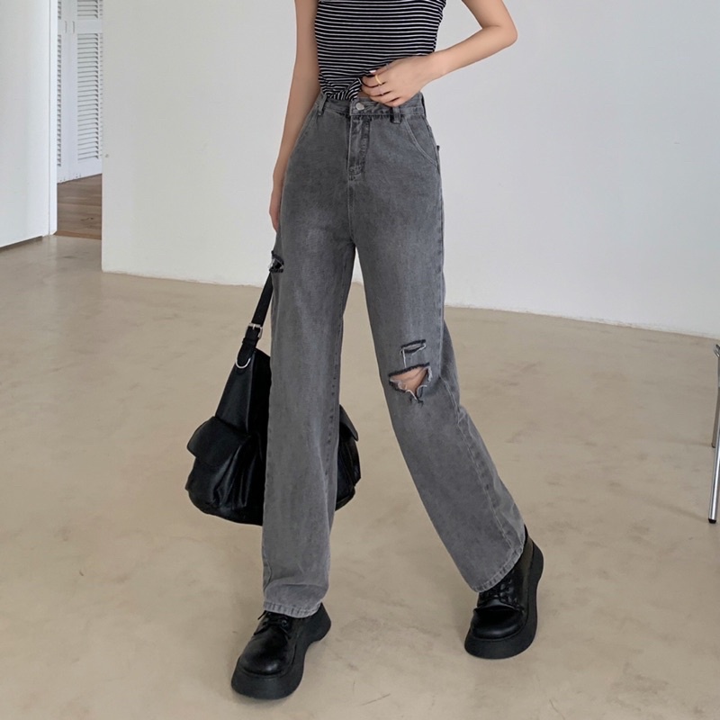JEANS IMPORT RIPPED GRAYISH CELANA HIGHWAIST WANITA CEWEK PANJANG IMPORT MX841