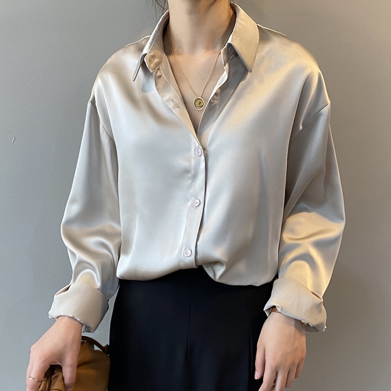 Musim Gugur Fashion Button Up Satin Sutra Kemeja Vintage Blus Wanita Putih Wanita Lengan Panjang Wan