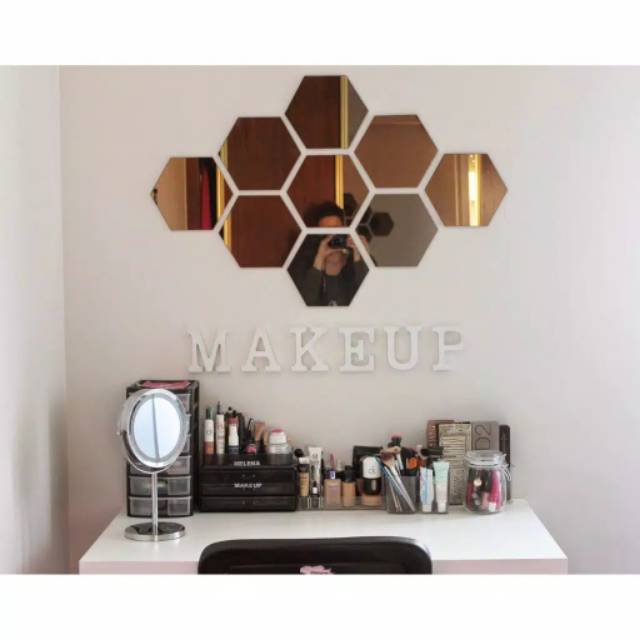 12 PCS BESAR STIKER CERMIN KACA HEXAGONAL MIRROR DEKORASI HIASAN DINDING STICKER KACA DEKORASI RUMAH