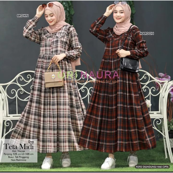 Dress Jumbo Midi Dress Muslim Motif Kotak Kotak Bahan Rayon Premium Ld 110 Ld 115 Ld 120