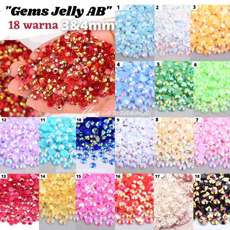 18warna GEMS JELLY AB 3&amp;4mm ,Rhinestone henna nail art tasbih digital permata