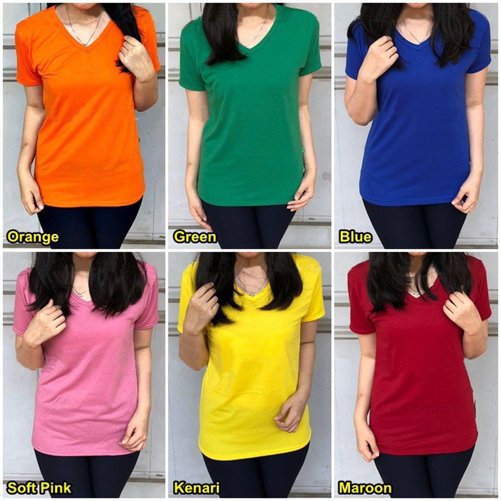 Bess - Kaos Basic V-neck Polos Wanita/ Kaos Lengan Pendek Leher V