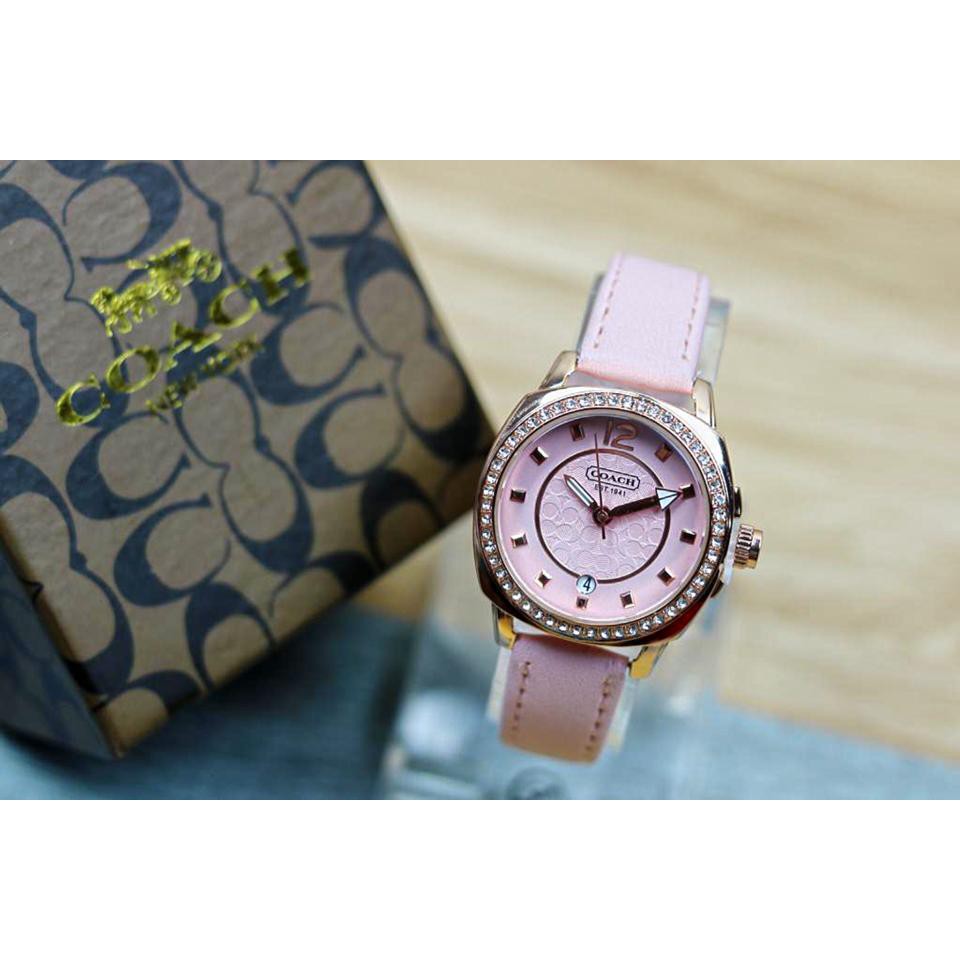 Jam Tangan Wanita Coach Permata Tali Kulit Body Bulat Tanggal Aktif