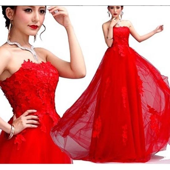 gaun wedding bunga merah  gaun pesta merah dengan  model brocade  merah