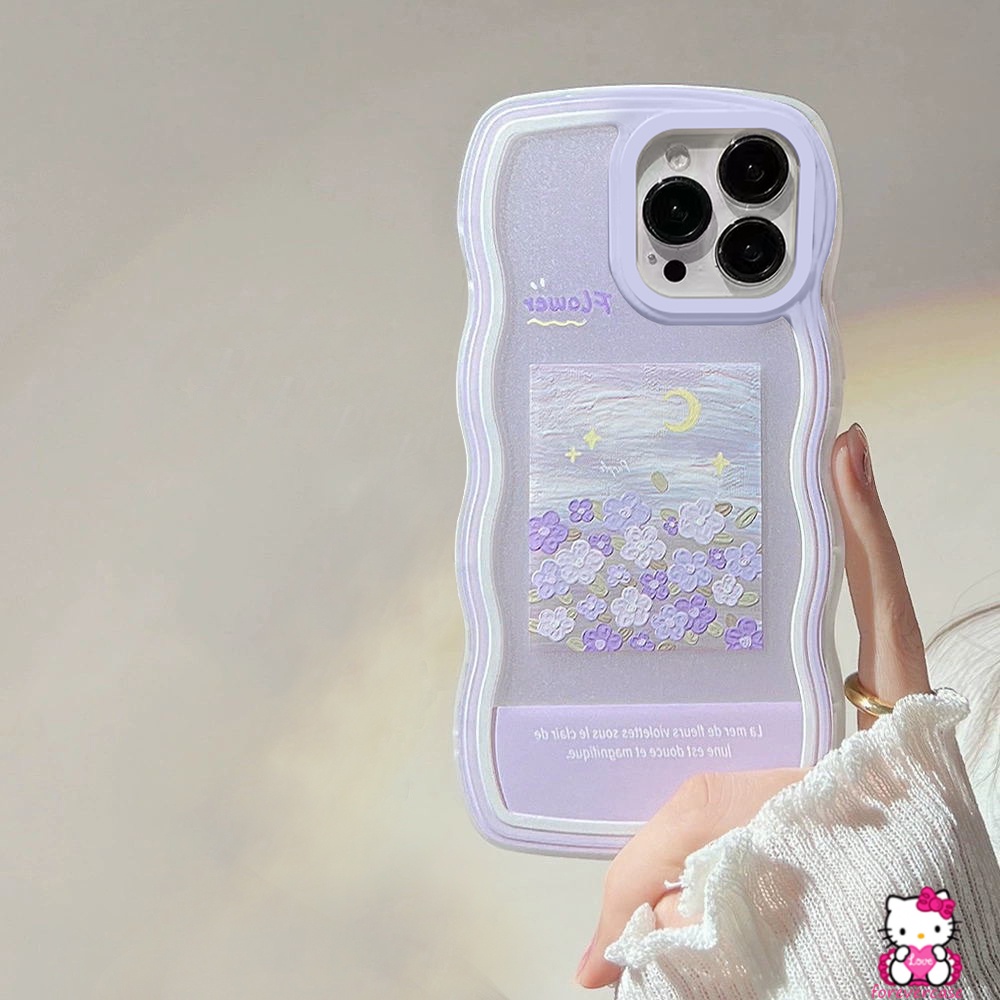 Wavy Edge Frame Casing Compatible for IPhone 11 6 6s 7 8 Plus 14 Plus 12 13 14 Pro Max XR X XS MAX 11Pro Max SE 2020 Purple Flower Art Oil Patting Soft Flowers Back Cover