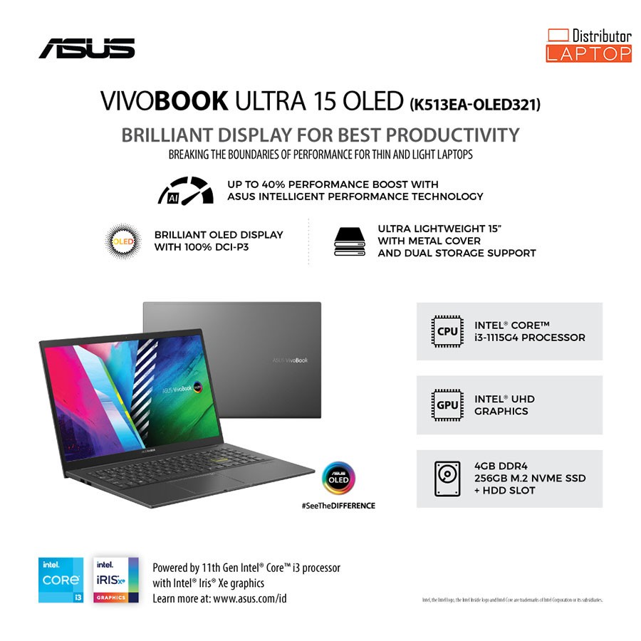 LAPTOP ASUS VIVOBOOK 15 K513EA / CORE i3 1115G4 / RAM 4GB SSD 256GB 512GB / 15 INCH OLED / WINDOWS 11 OHS - CICILAN 0%