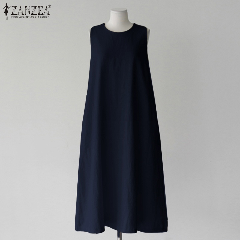 ZANZEA Women Round Neck Sleeveless With Pockets Swing Dress