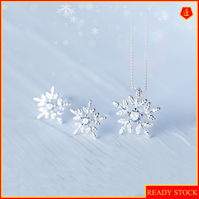 [Ready Stock]S925 Silver Snowflake Ear Studs Fashion Diamond Flower Necklace