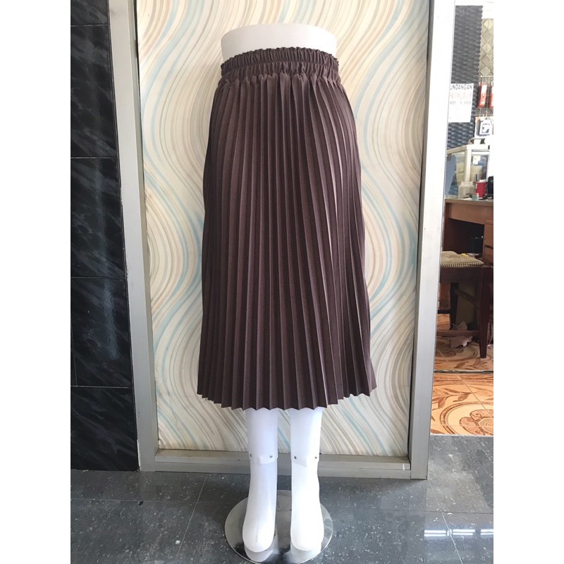 Rok Plisket Midi 7/8 | Rok Midi Plisket Premium Kualitas Import | Bahan tebel Fashion terlaris-Khaki
