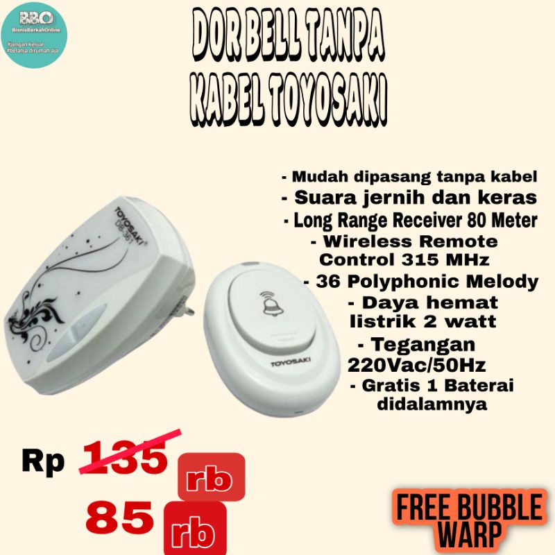 Bel Rumah Tanpa Kabel Dor Bell Wireless Waterproof Anti Air Toyosaki Berbagai Nada