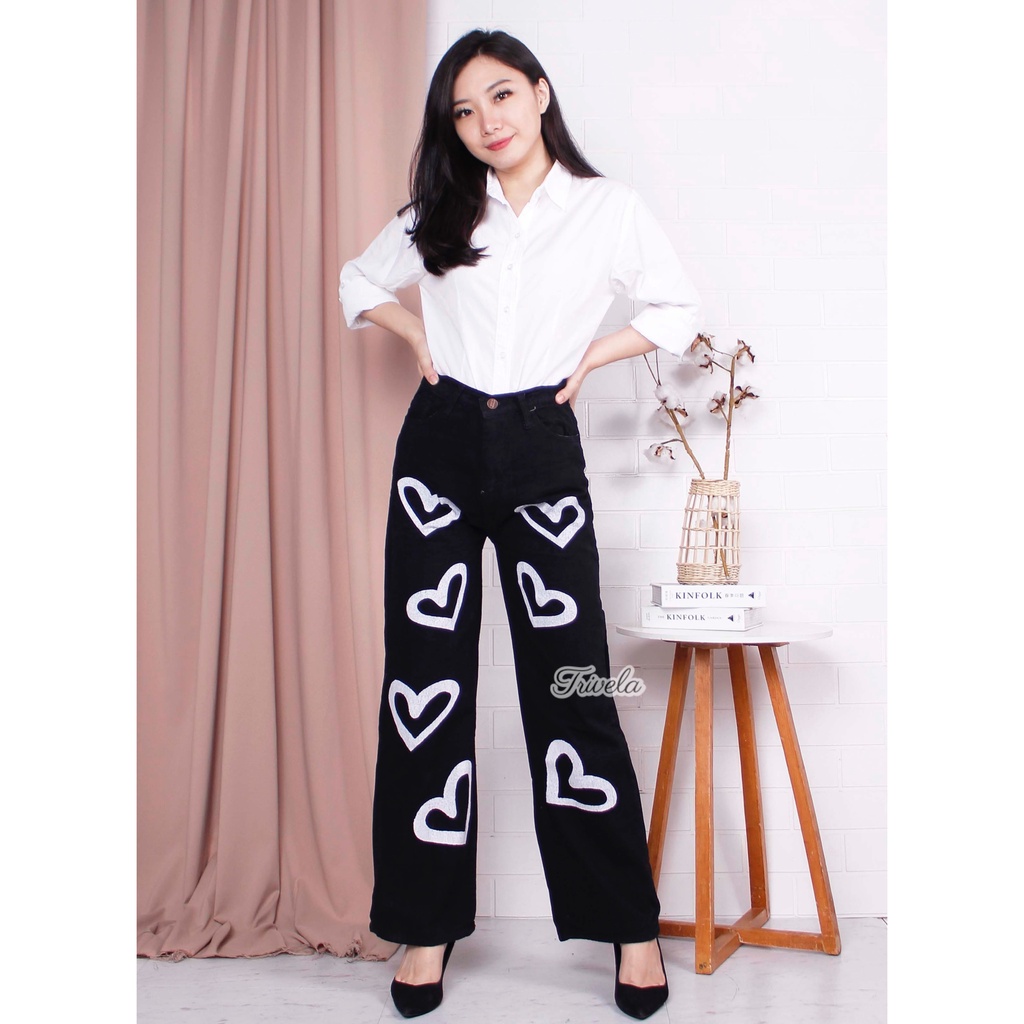 TRIVELA - Celana Highwaist Jeans Wanita / Bf Jeans Kulot Love Sablon Putih / Kulot Love BSR