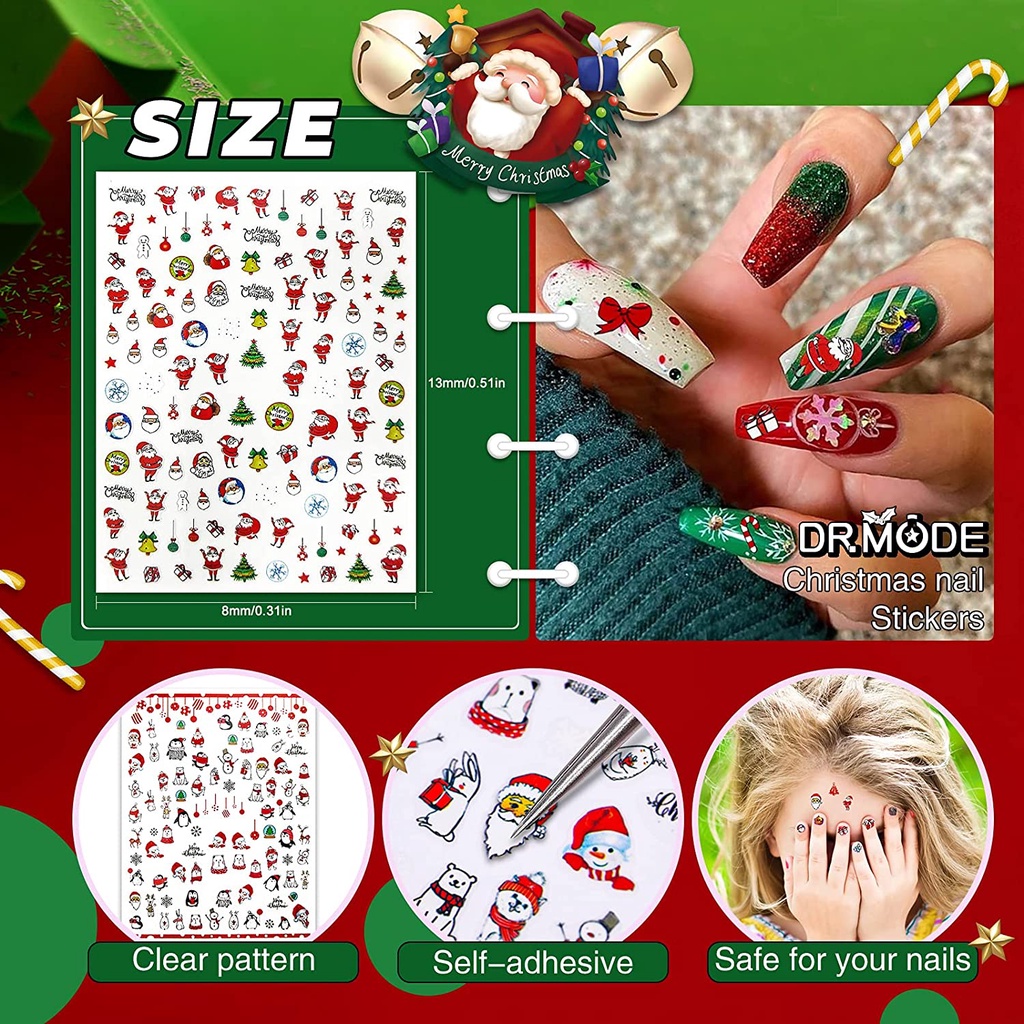 Random Color Christmas Nail Art Stickers/ 3D Self-adhesive Nail Decals/ Santa Claus Snowflake Nail Design