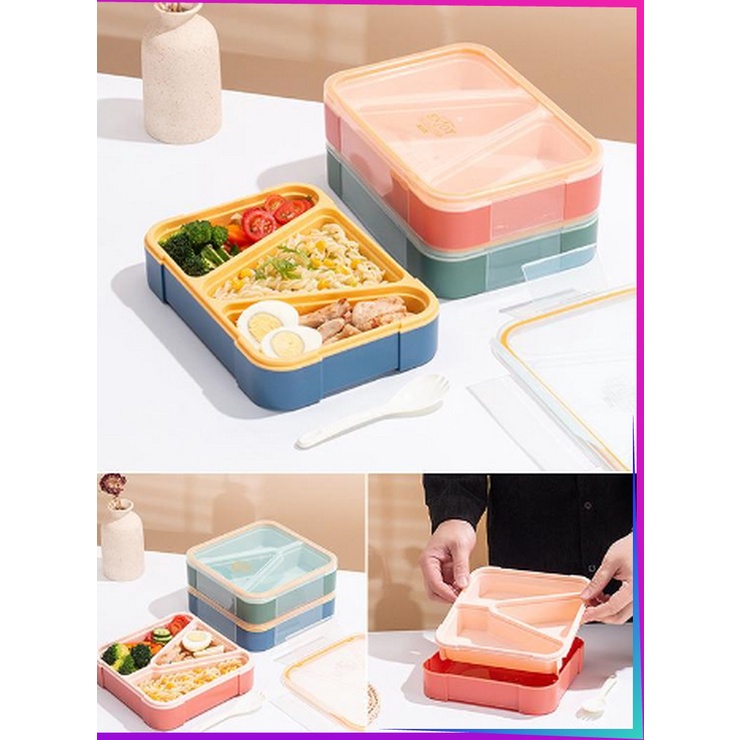 CT C698 Tempat Makan Set Sendok 3 Sekat Anti Tumpah Kotak Bento BPA FREE Tempat Bekal Sekat Segitiga Set Lunch Box Portable