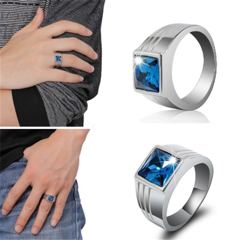 Cincin Pria Hias Batu Sapphire Biru Cubic Zirconia Berlian Untuk Pernikahan