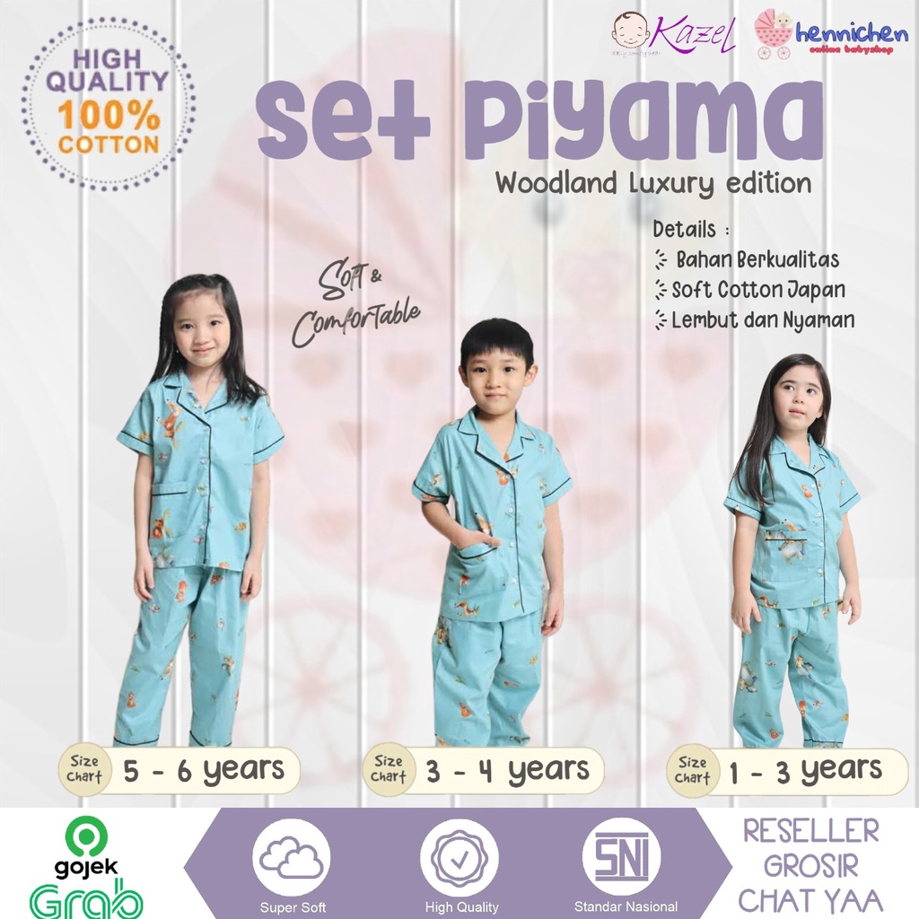 DISKON LAST STOK KAZEL SETELAN PIYAMA KATUN ANAK WOODLAND LUXURY PIYAMA KATUN JEPANG BAJU ANAK / BAJU BAYI 1-5 Tahun