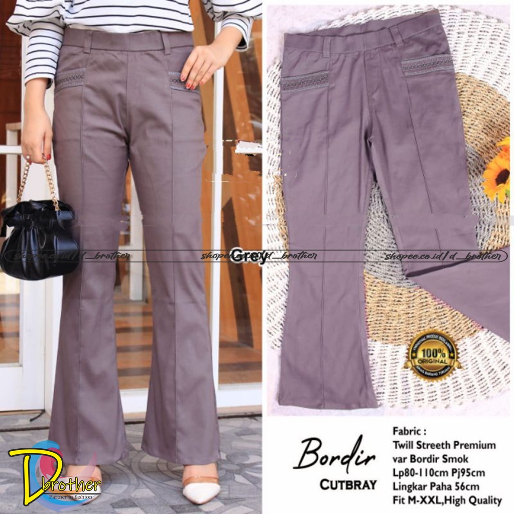 Celana Highwaist Cutbray Bordir Smok Bahan Twill Combed Standart dan Jumbo