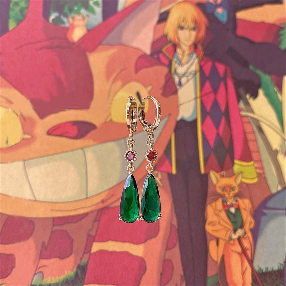 1 Pasang Anting Liontin Batu Permata Hijau Desain Anime Howl 's Moving Castle Gaya Retro Untuk Wanita