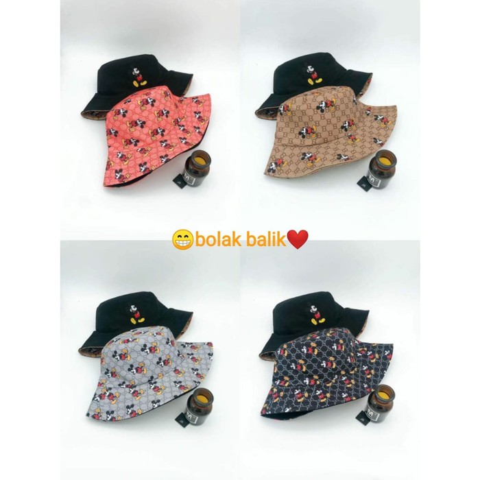 Topi Bucket Hat Gucci X Mickey Mouse Bolak Balik Murah