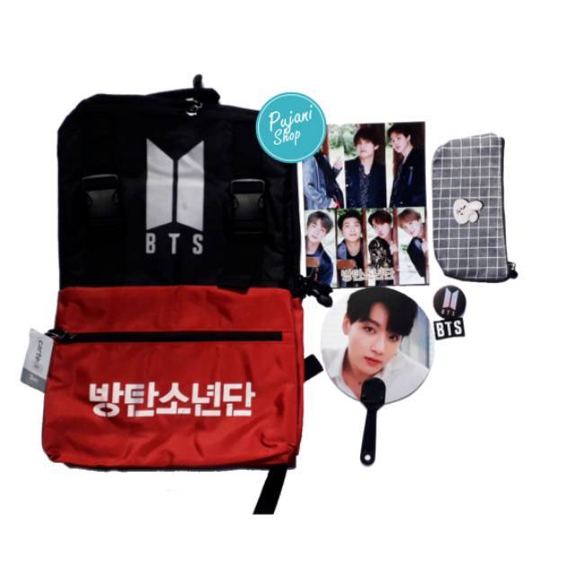 

Paket hemat BTS (tas+kipas+buku tulis+pencilcase+stiker+pin)