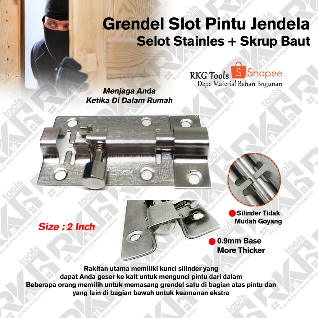 Grendel Slot Pintu Jendela 2 Inch / 5 cm l Selot Stainles + Skrup Baut