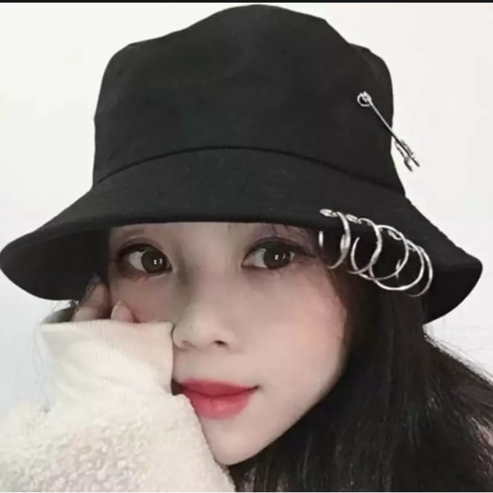 Topi BUCKET hat kpop hitam RING ANTING. PERMIUM