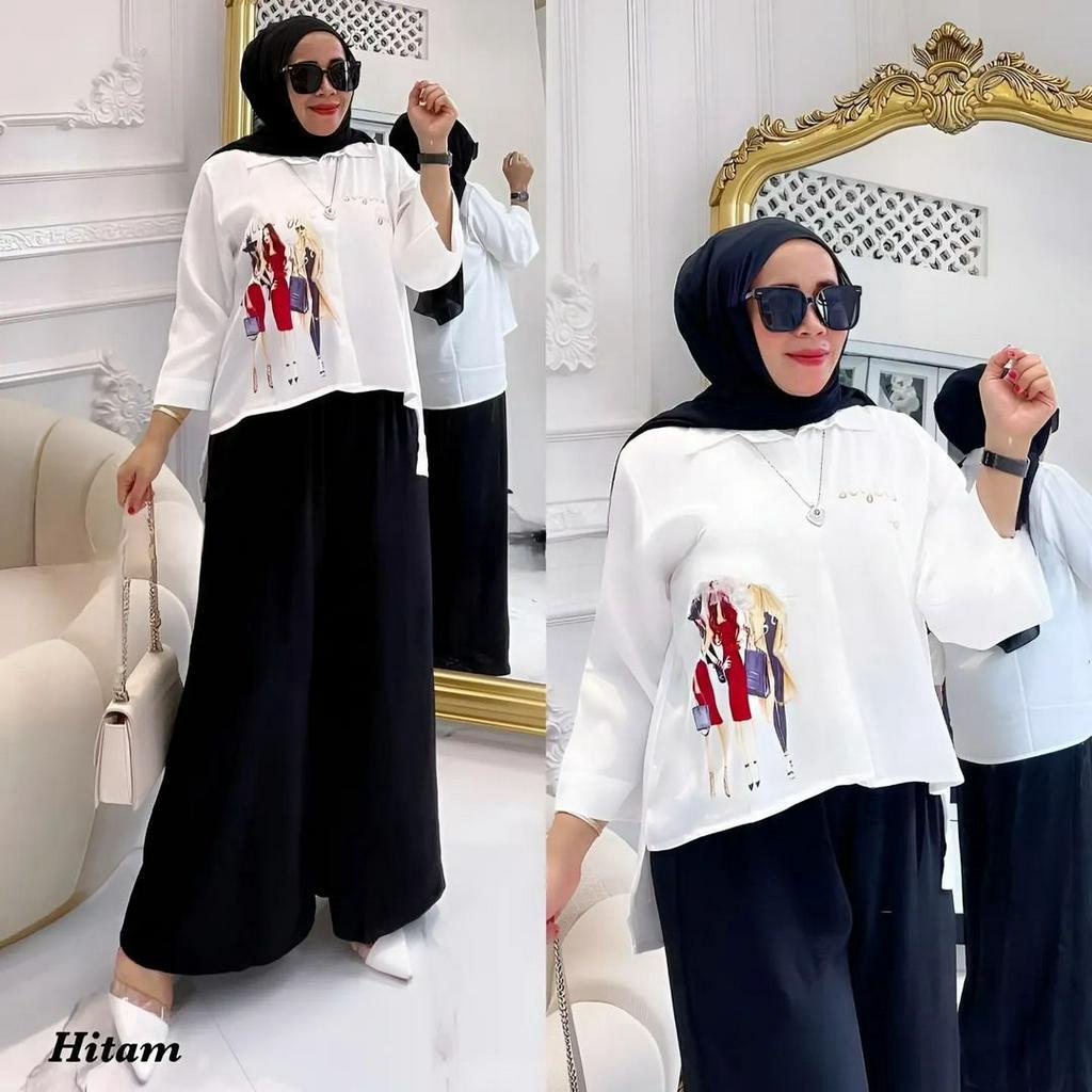 SETELAN WANITA KEKINIAN WOMEN SET MC BAHAN KATUN MIX SABLON LD LD 110CM PJ DEPAN 60CM PJ BELAKANG 70 CM PC 95CM PINGGANG FULL KARET MERAL SETELAN WANITA KEKINIAN FASHION MUSLIM ONE SET WANITA KOREAN STYLE SETCEL WANITA JUMBO LENGAN PANJANG