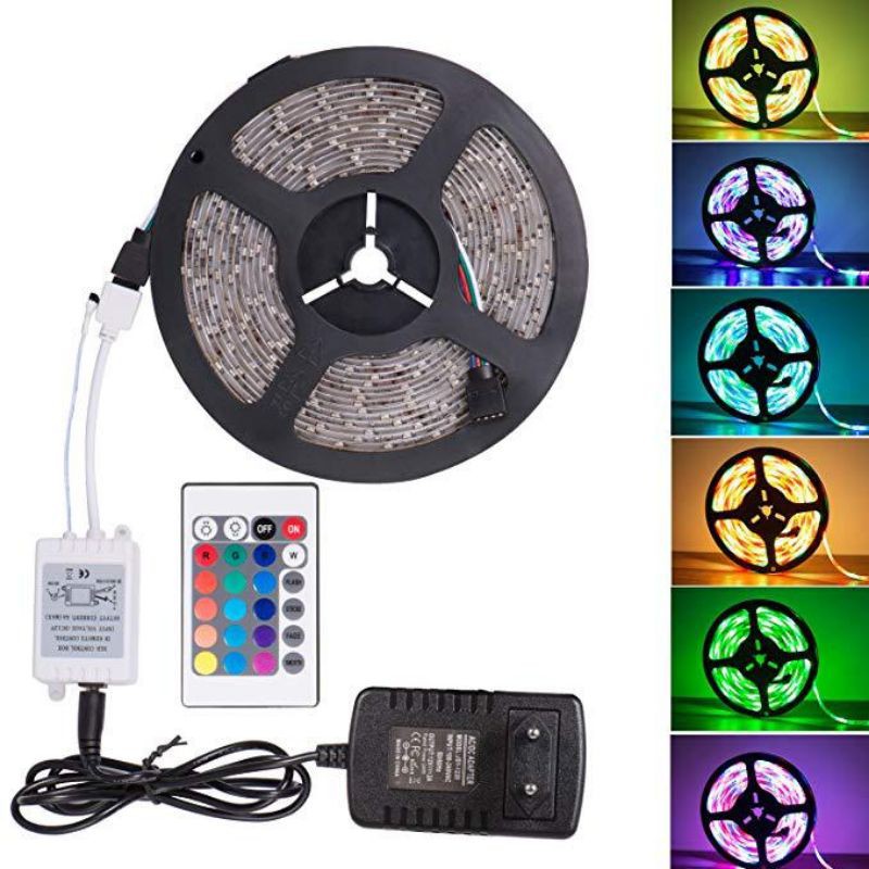 LAMPU LED  STRIP 3528 RGB WARNA WARNI IP44 5M AC 220V + ADAPTOR + REMOTE 3528