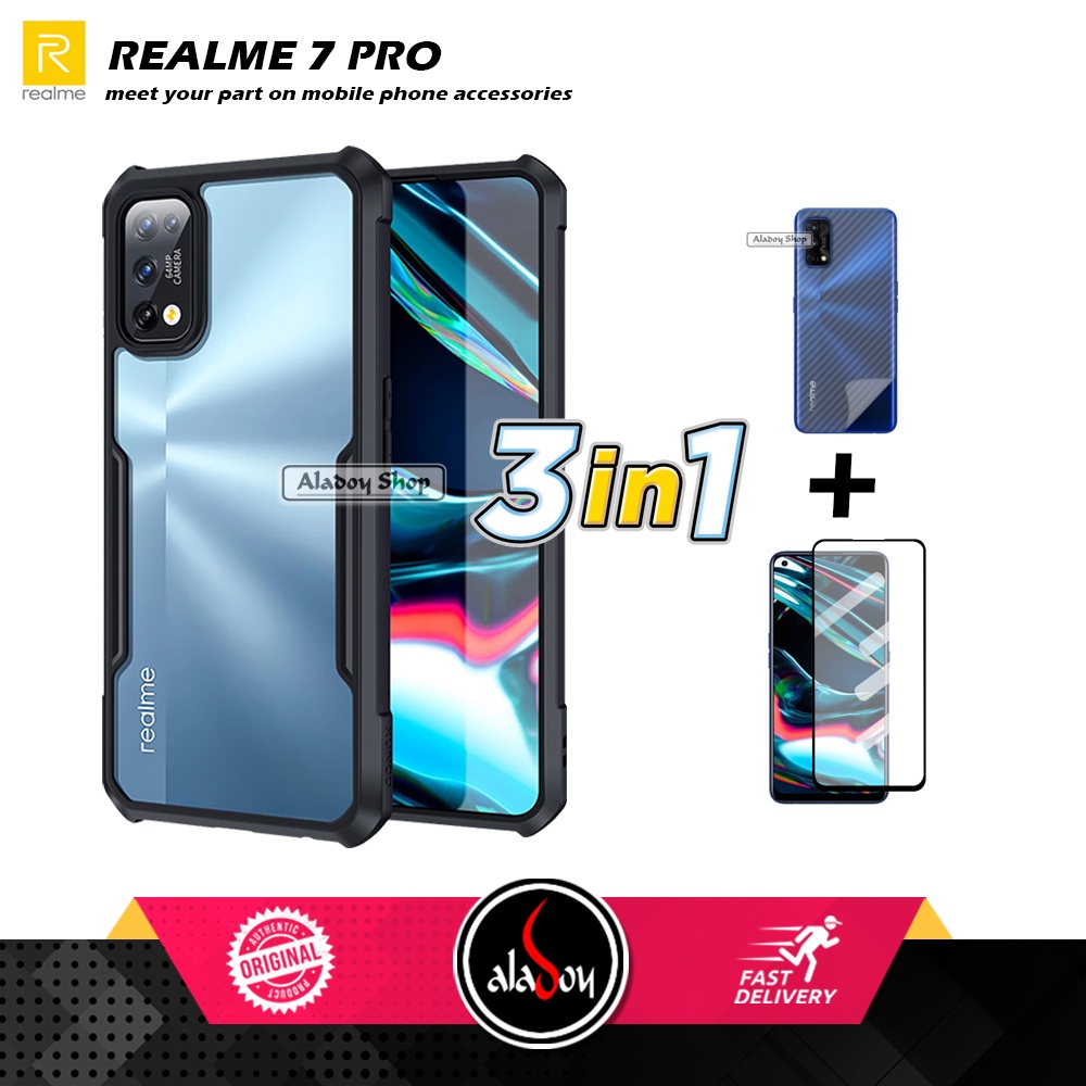 Case REALME 7 PRO Armor Fushion Transparent Casing + Tempered Glass Full Layar dan Skin Carbon