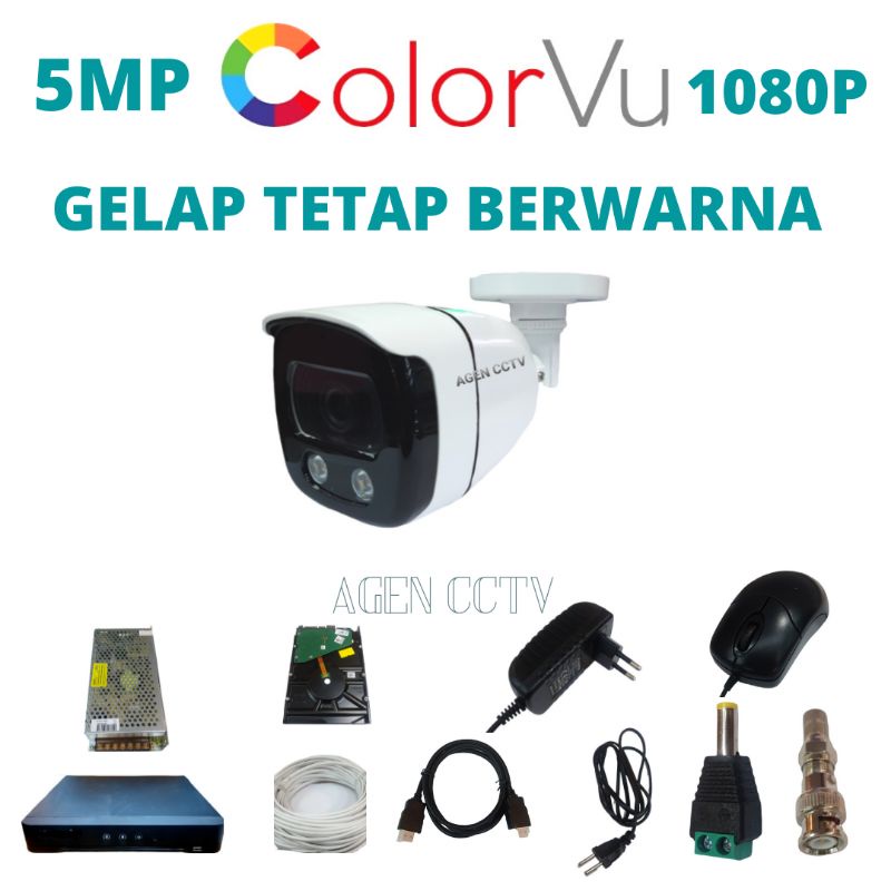 PAKET CCTV COLORVU+AUDIO 4 CHANNEL 1 KAMERA LENSA 5MP 1080P IR SONY GELAP TETAP BERWARNA