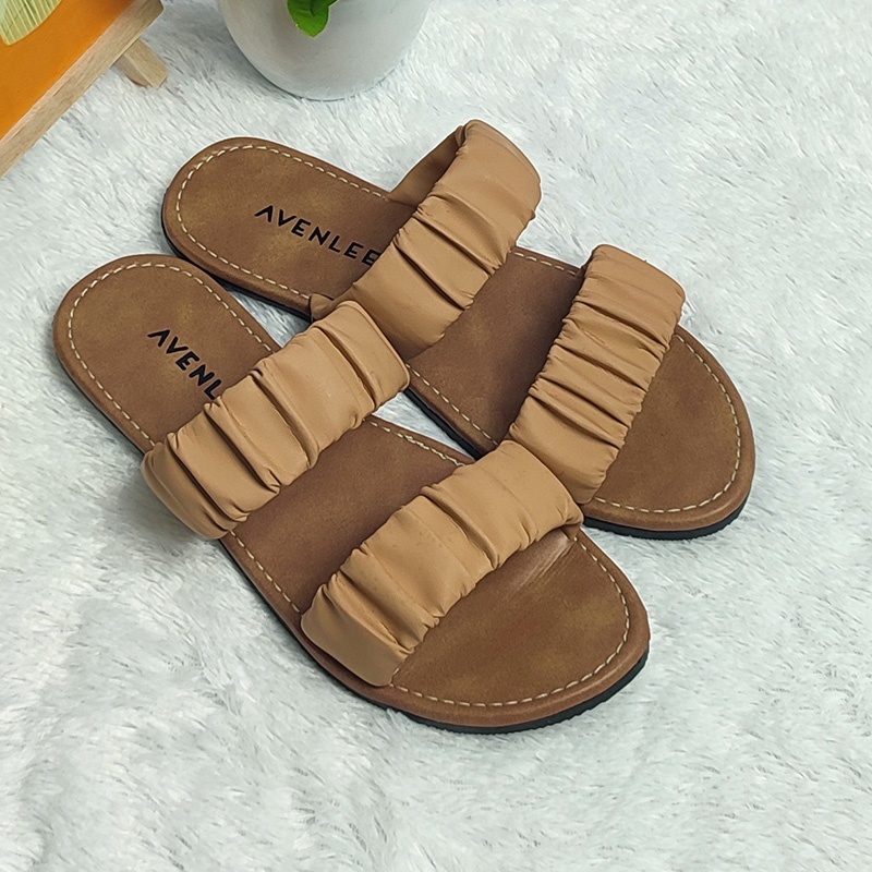 Sandal Wanita Sol Karet Cantik Flat Kulit Sintetis Motif Kerut Jenis Teplek