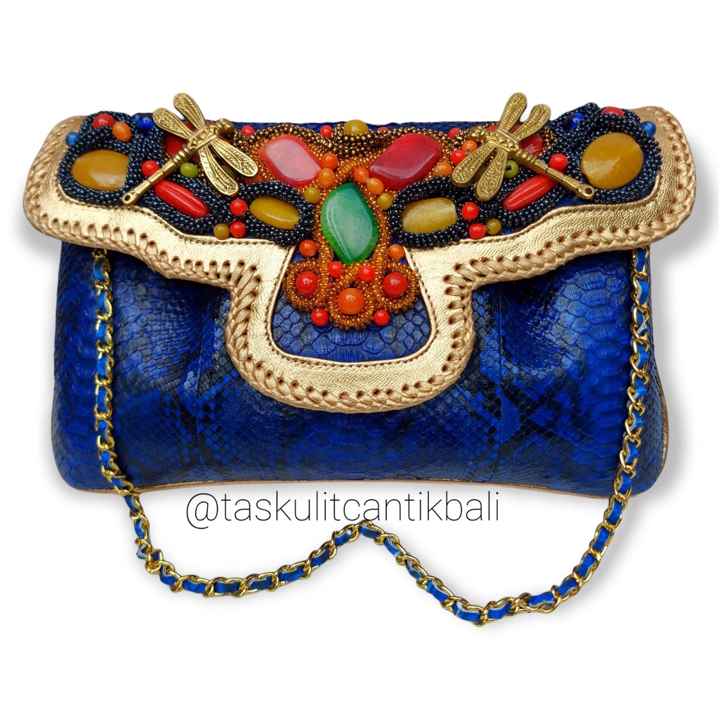 Raisa Size M Blue Color Motif - Tas/Clutch Kulit Ular Dengan Asesoris Antik