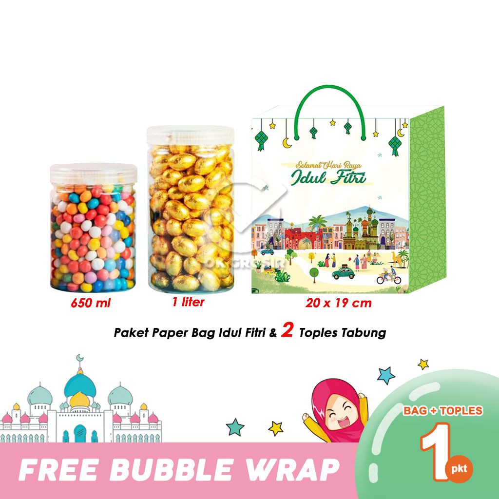 

Paket Paper Bag Lebaran Idul Fitri & 2 Toples Tabung PET untuk Snack Kue Kering [1 Paket]