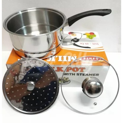 [Termurah!!!!] Panci Set Milk Pot Stainless Steel Steamer Tutup Kaca 20cm Panci Susu Steamer Tutup Kaca Bisa Rebus dan Kukus | Arsenio Store JKT