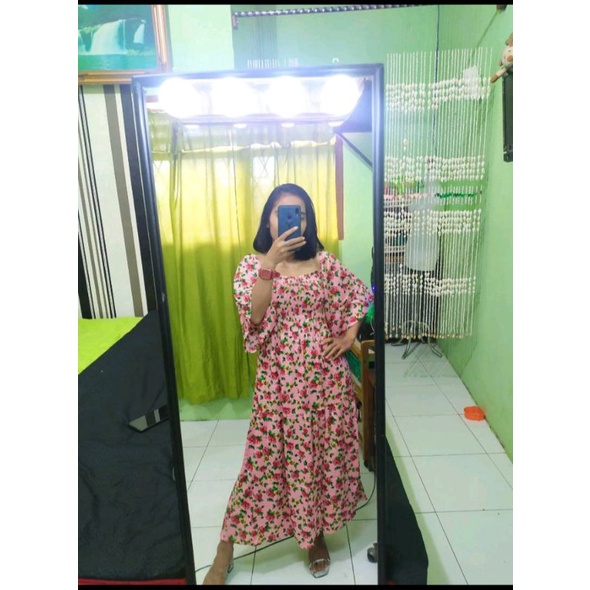 (Bisa COD) Dress Alexandra Panjang Motif Bunga Polkadot / Daster Ruffle Kerut Rayon Bali Premium / G