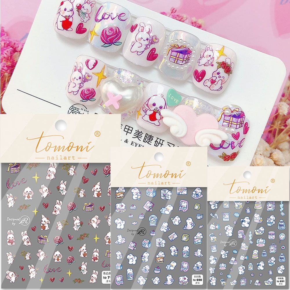 MXBEAUTY Cartoon Rabbit Nail Sticker Creative Nail Foils 5D Engraved Nail Stickers Artificial Cute Back Glue Colorful Engraved Self Adhesive DIY Nail Decals