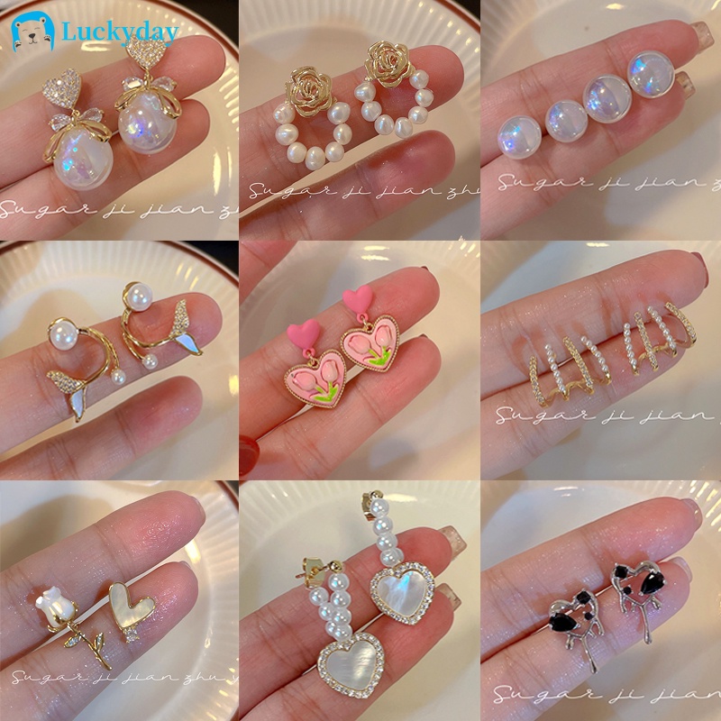 YEEZII Set Anting Stud Hias Liontin Bunga Hati Kristal Mutiara Warna-Warni Untuk Wanita