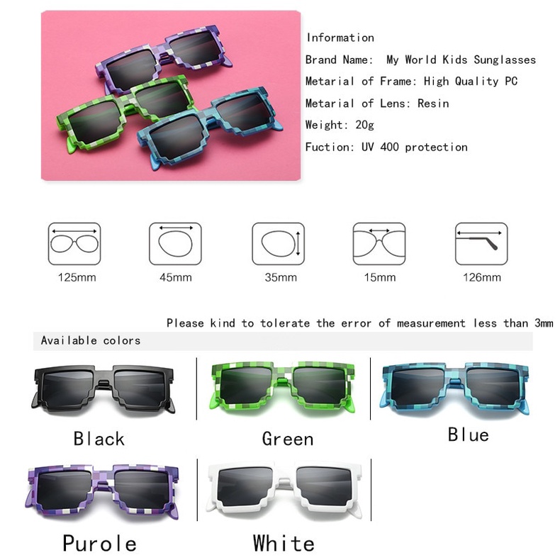 Kacamata Model Pixel UV400 untuk anak Thug Life Mosaic Glasses Sunglasses cewek cowok 8 Bit Coding Pixel Trendy Cool Super Party Funny Vintage Shades Eyewear Fashion Sunglasses Adults Kids Cos play Action Game Toy Square Glasses